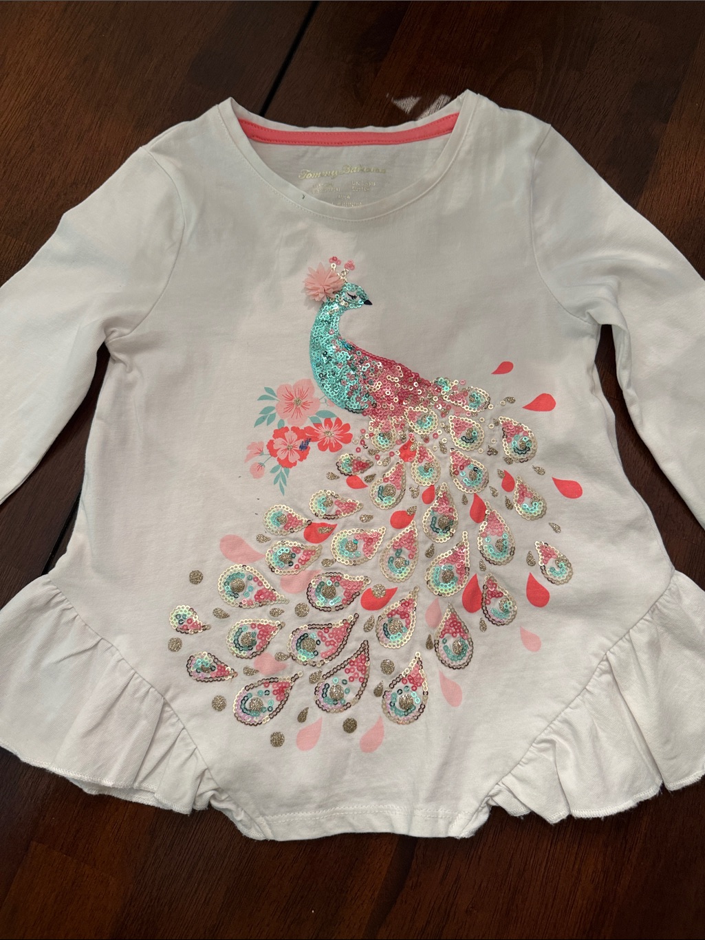 Tommy Bahama White Long-Sleeve Girls Top With Teal & Pink Sequin Peacock